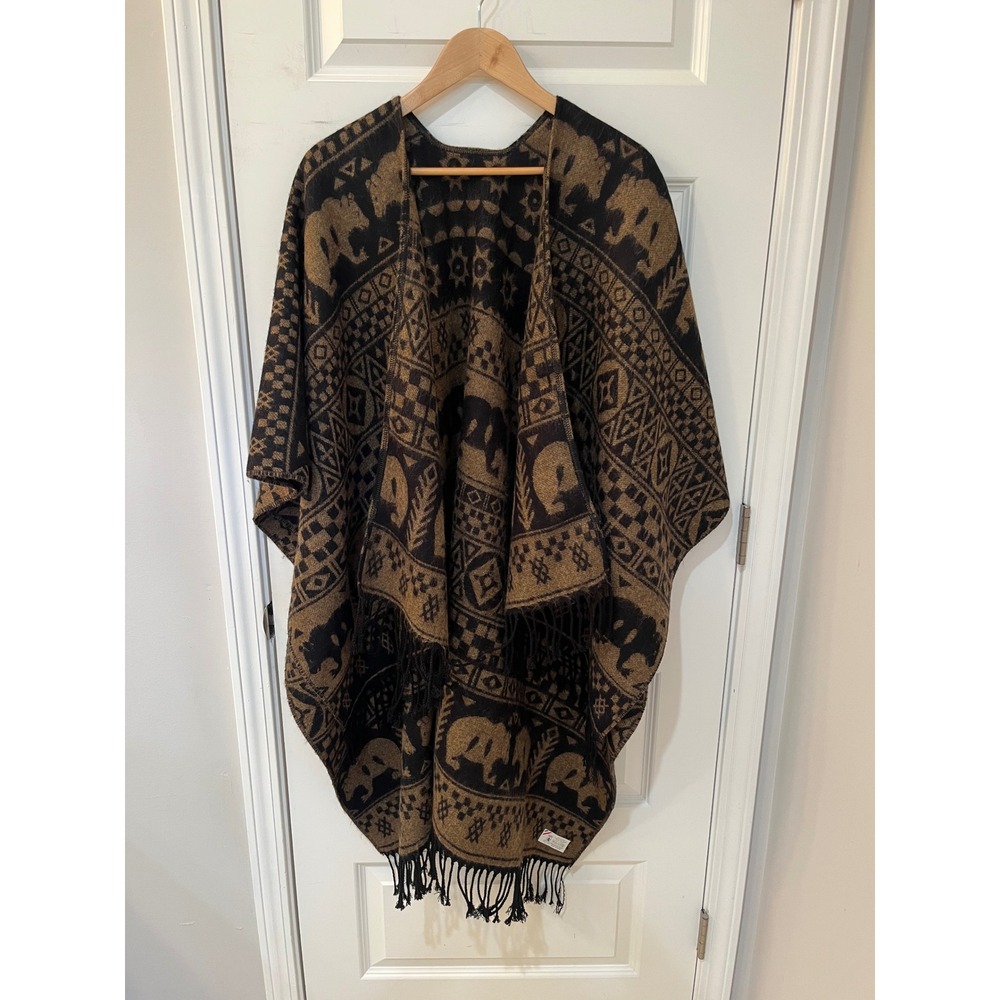 VTG Made in France Southwestern Bear Poncho Fringe Wrap Shawl Black Tan Unisex